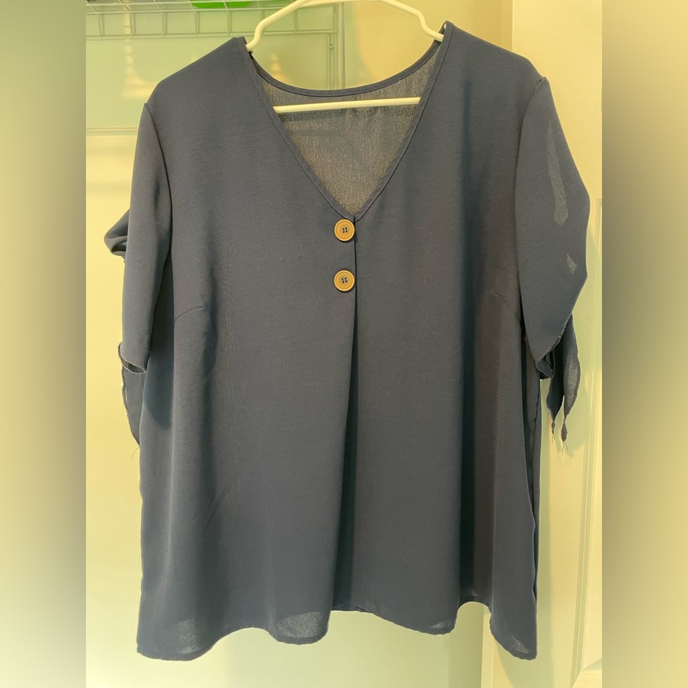 Women's Navy Button-Detail Top with tie sleeves. Size 0XL.